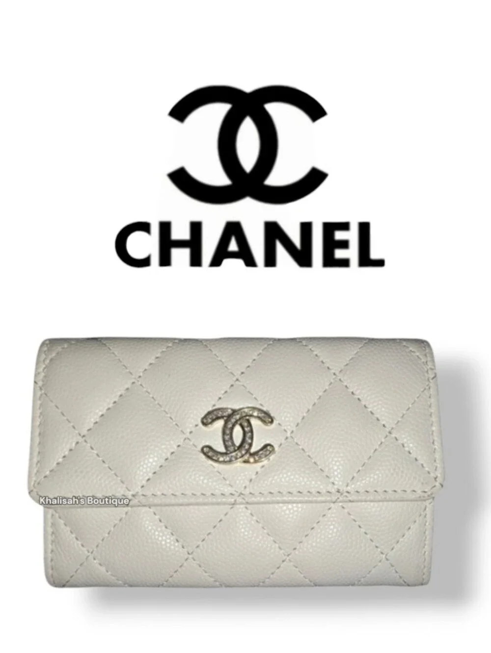 Ultra RARE! CHANEL CAVIAR CLASSIC FLAP CC CRYSTAL LOGO WHITE WALLET CARD CASE